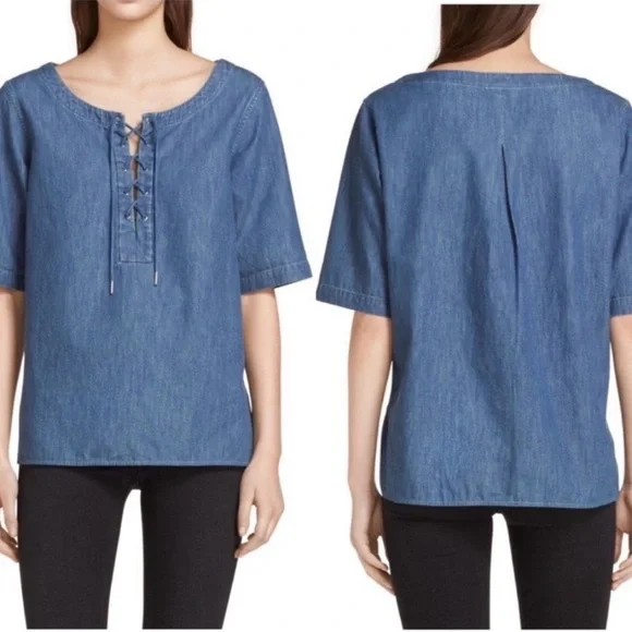 Rag & Bone Chambray Lace Neck Short Sleeve Popover Top Women’s Small - Picture 2 of 7